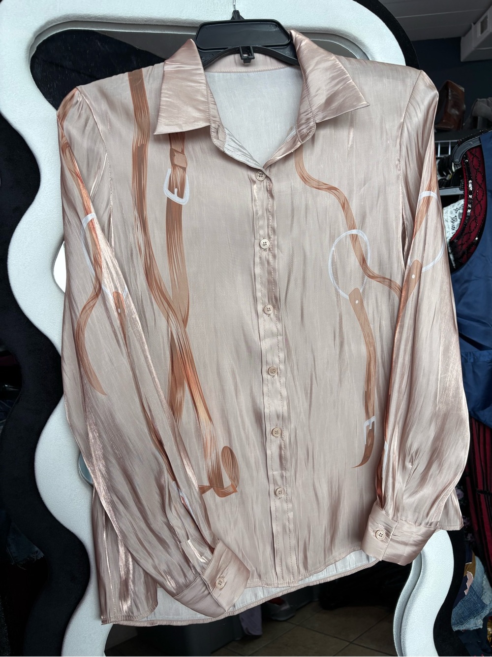 Silky Taupe Button-Down Blouse with Abstract Ribbon Print